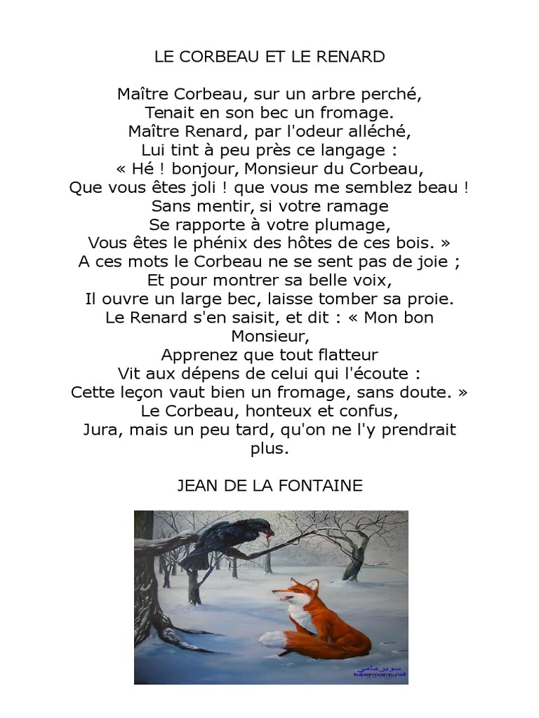 Le Corbeau Et Le Renard Texte à Imprimer Le Corbeau Et Le Renard | PDF