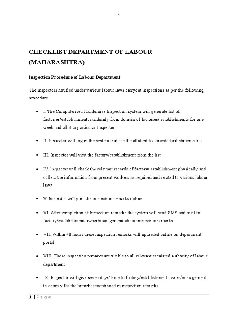 Maharashtra Labour Inspection Checklist | PDF | Overtime | Cheque