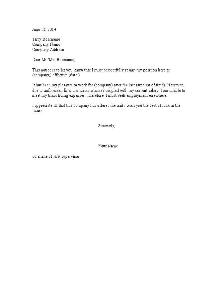 Resignation Letter Low Salary
