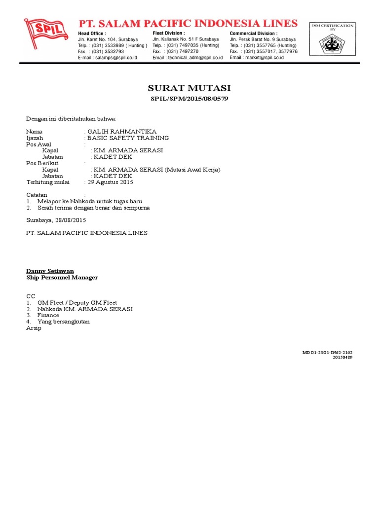 Contoh Surat Mutasi Sign Dari Kapal Backup Gambar Riset