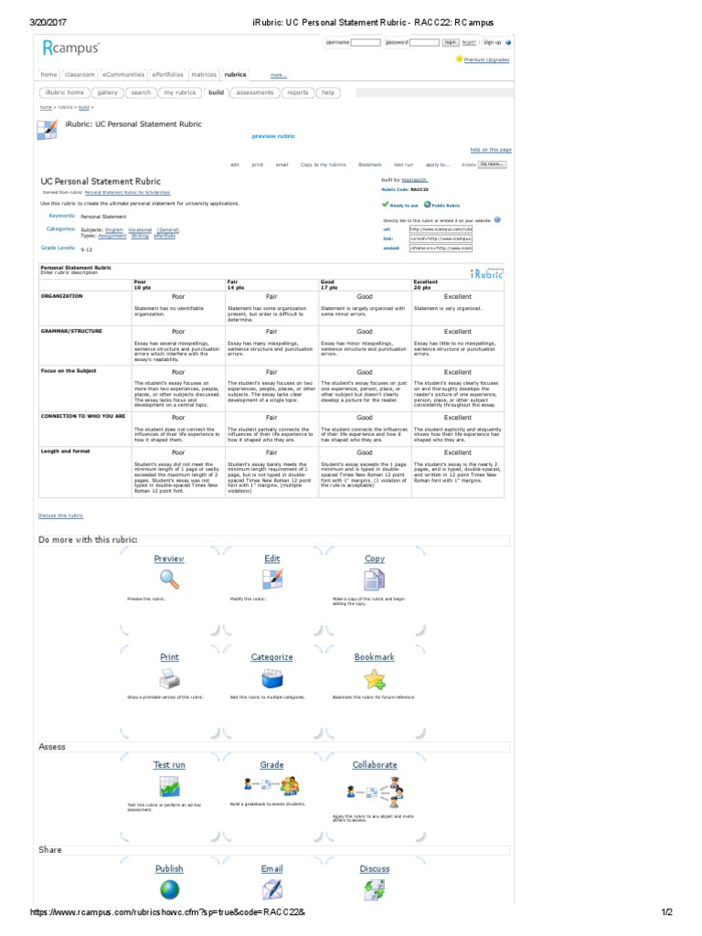 Personal statement grading rubric picture