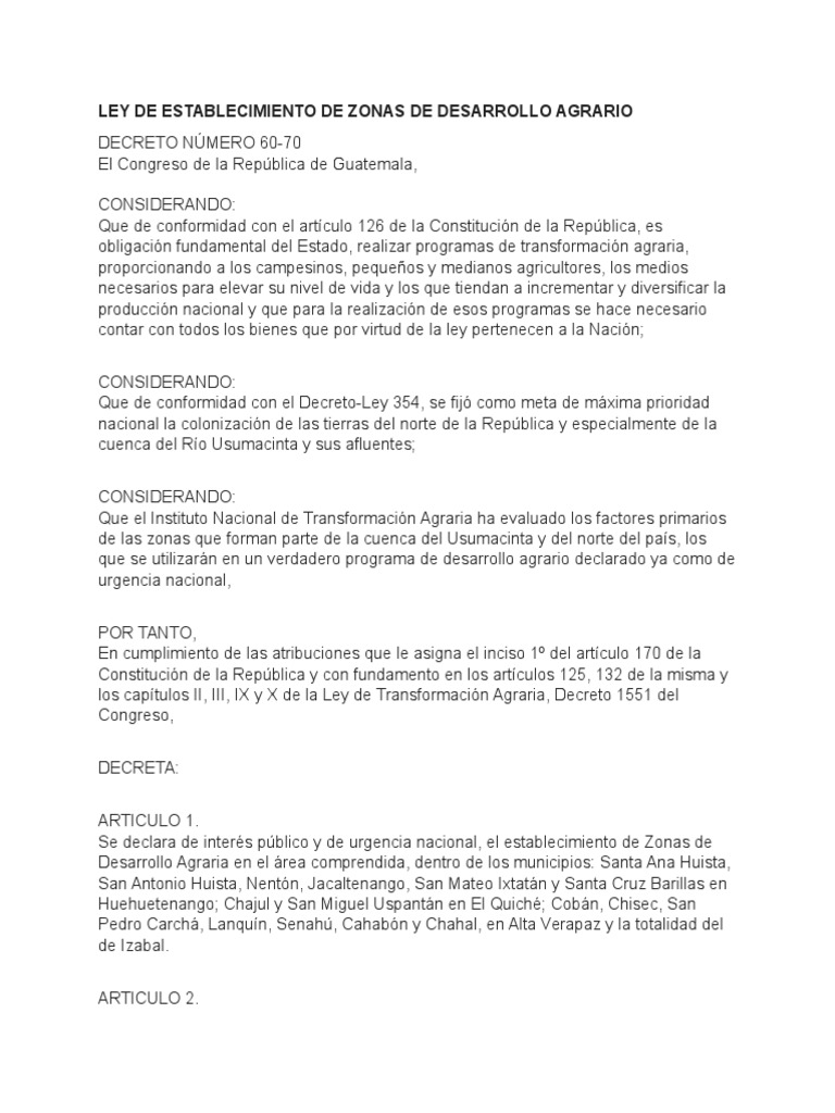 Ley de Establecimiento de Zonas de Desarrollo Agrario | PDF | Gobierno