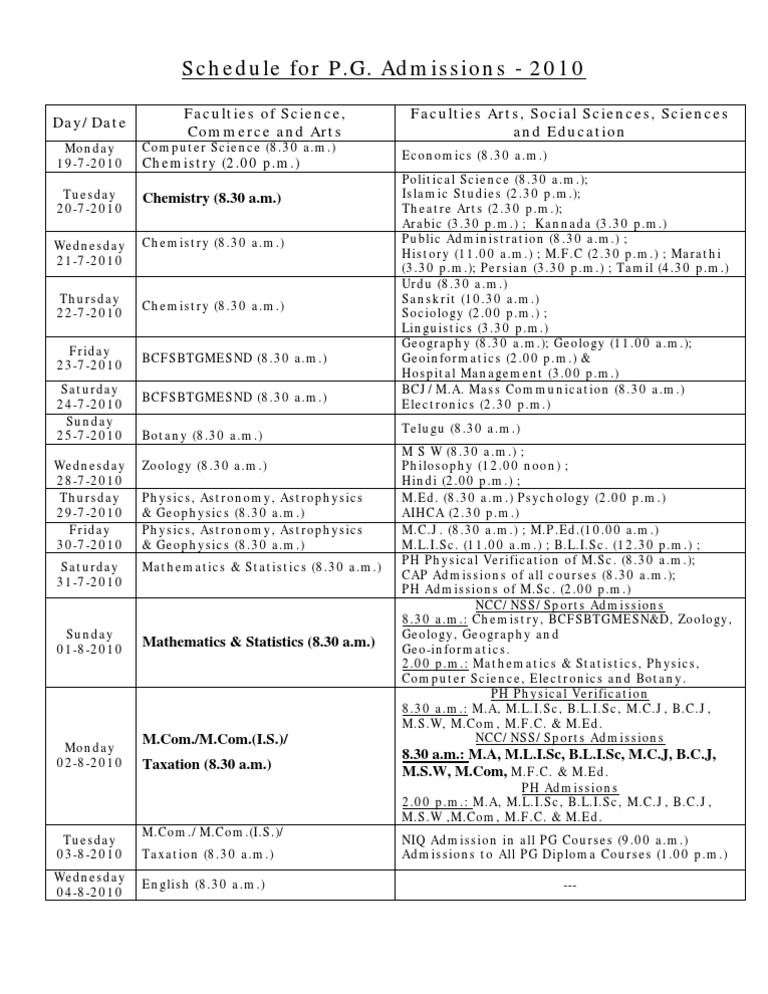 2010 PG Admissions Schedule | PDF | Science | Academia