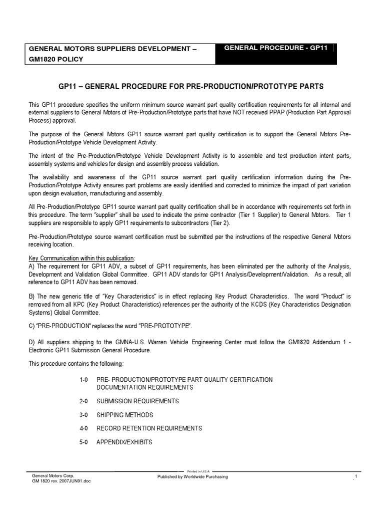 GP11 General Procedure For Pre-Production-Prototype Parts PDF | PDF ...