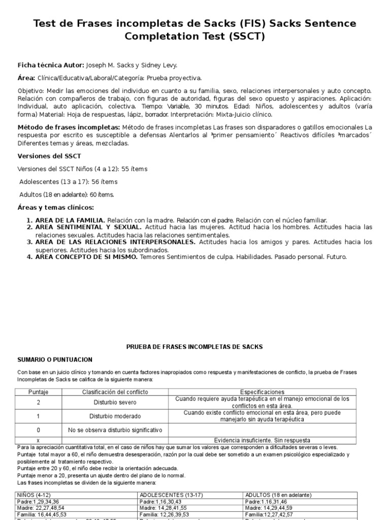 Test de Frases Incompletas de Sacks | PDF | Adultos | Adolescencia