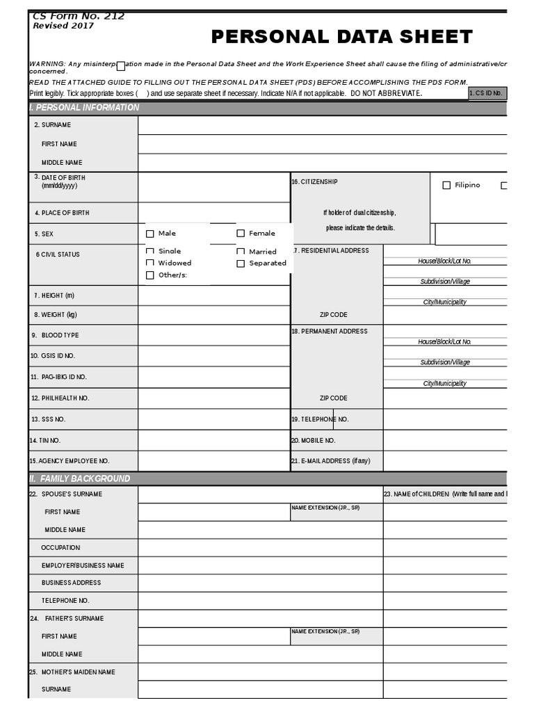 CS Form No. 212 Revised Personal Data Sheet 2 PDF Passport Crime