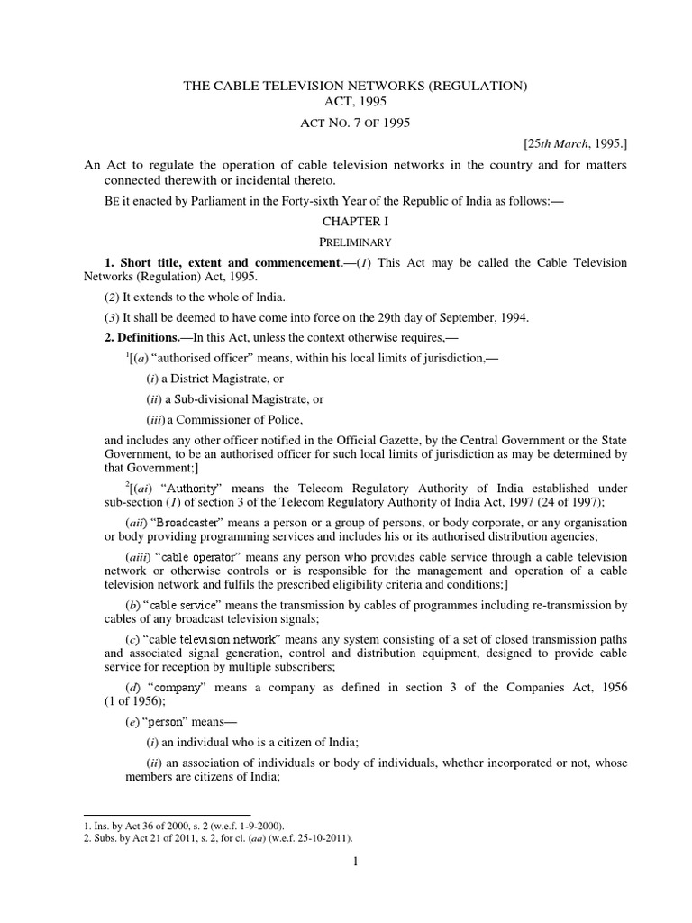 The Cable Television Networks (Regulation) Act, 1995 PDF Cable
