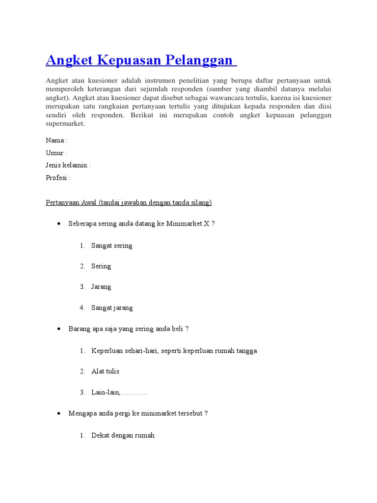 Contoh Angket Kepuasan Pelanggan | PDF