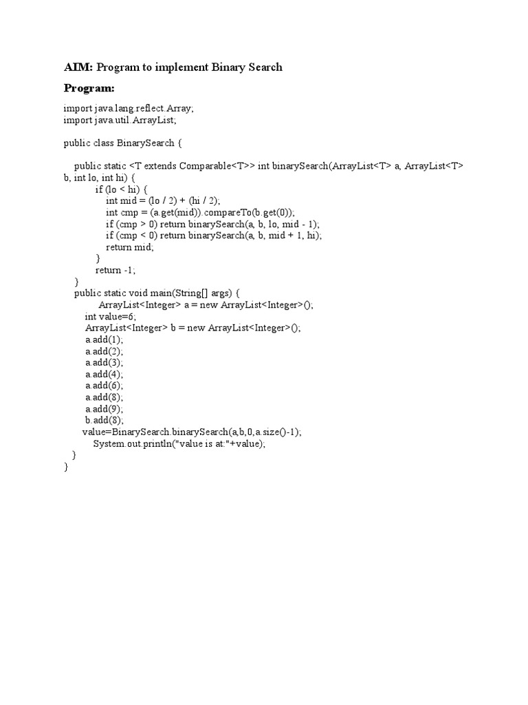 AIM: Program To Implement Binary Search Program | PDF