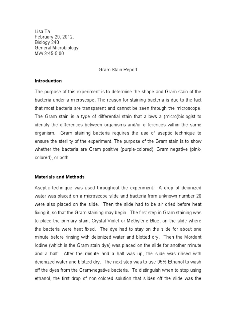 Microbiology Gram Stain Lab Report | PDF | Staining | Histopathology