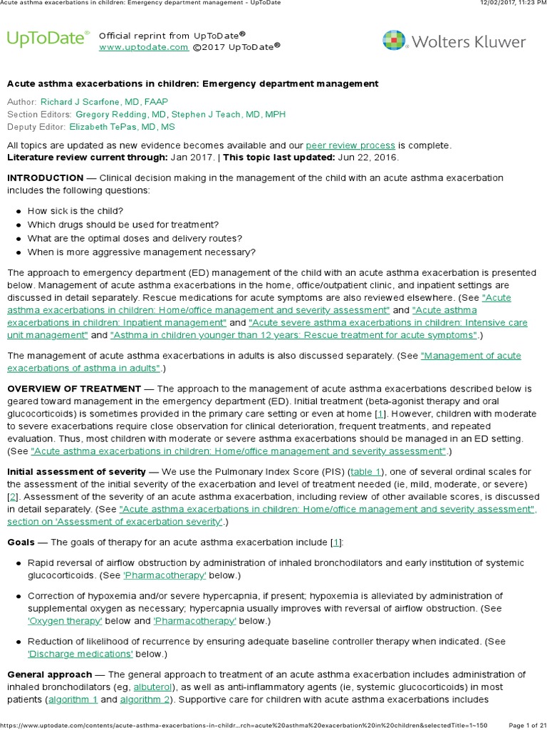 Acute Asthma Exacerbations in Children Emergency Department Management UpToDate Asthma