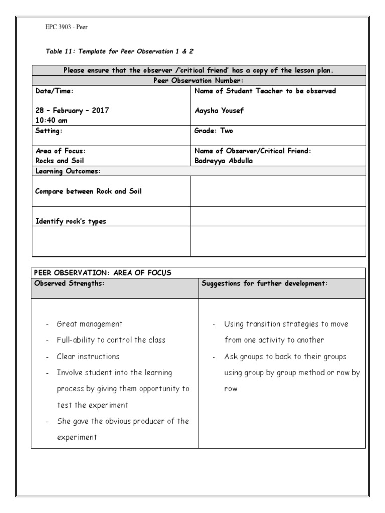 peer observation form aaysha Educational Assessment Personal Growth
