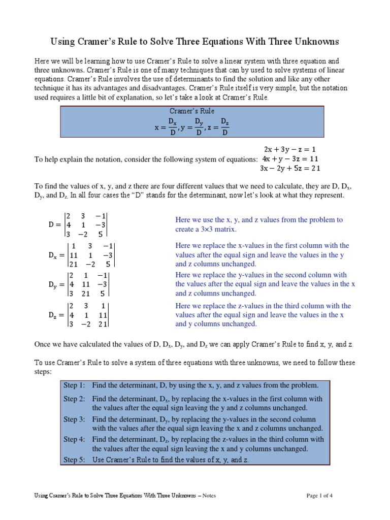 Cramers Rule 3 by 3 Notes Determinant Matrix Theory