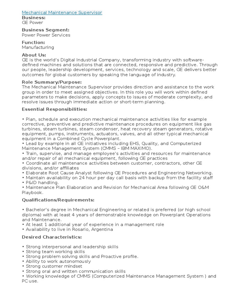 Mechanical Maintenance Supervisor | PDF