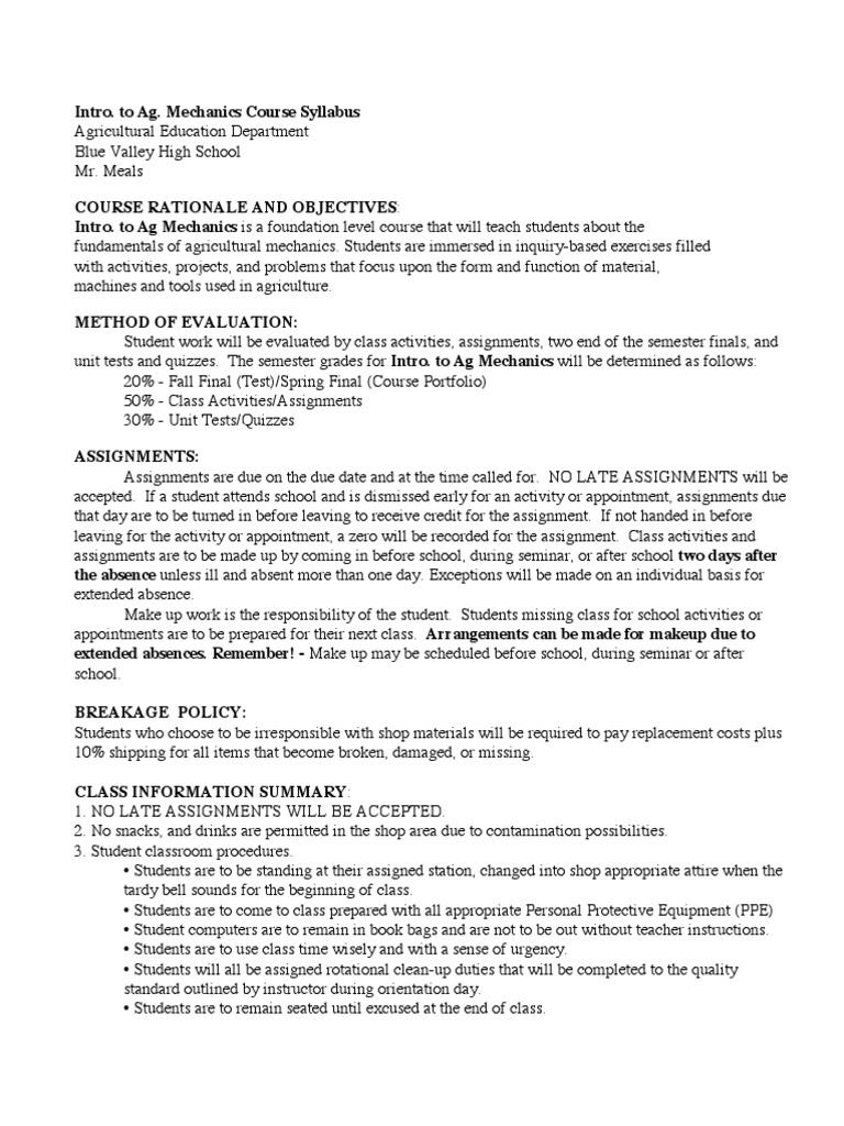 Intro To Ag Mechanics Syllabus PDF Personal Protective Equipment