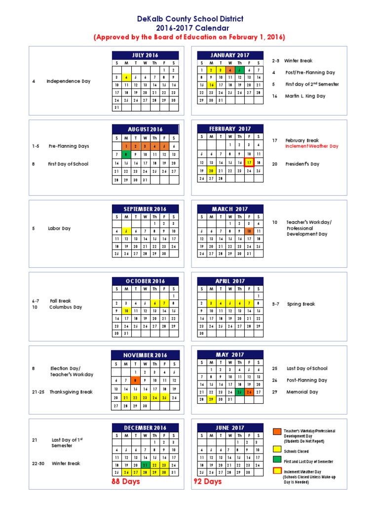 DeKalb 2016 2017 School Calendar PDF PDF Educational Institutions