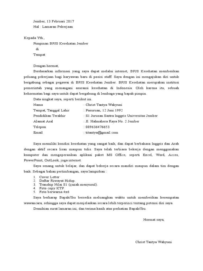 Surat Lamaran Bpjs Pengecer Dengan ini menyatakan bahwa perusahaan kami telah mendaftarkan seluruh pegawai beserta anggota keluarganya menjadi peserta BPJS Kesehatan dengan informasi sebagai berikut.