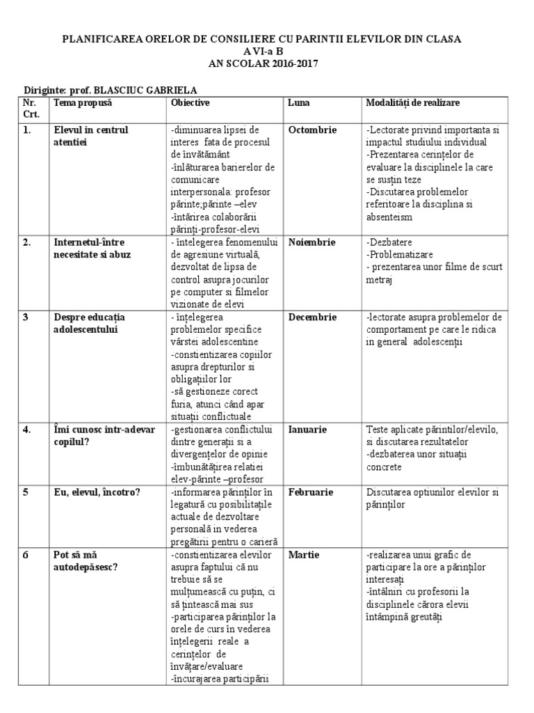 Planificarea Orelor de Consiliere Cu Parintii Elevilor Din Clasa | PDF