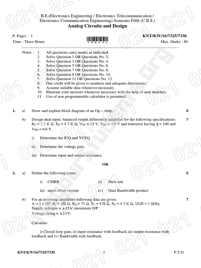 Analog Circuits Exam Paper Guide | PDF | Amplifier | Operational Amplifier