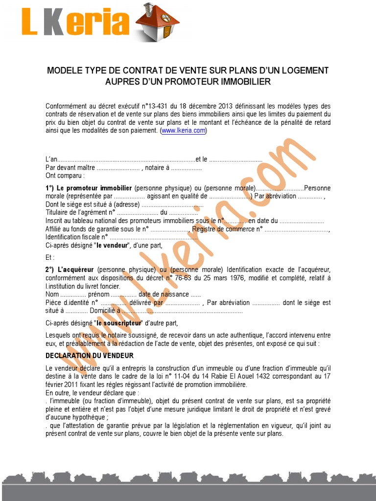 Mod le De Contrat De Vente Sur Plans PDF Condominium Sodles