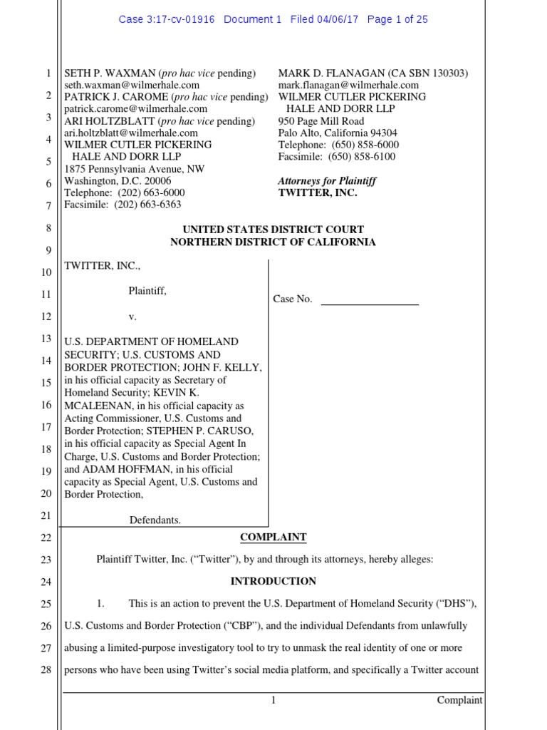 Twitter Complaint Against DHS and CBP | PDF
