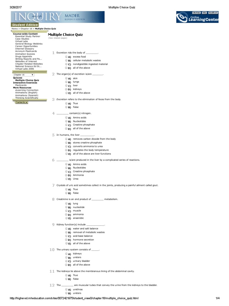 Multiple Choice Quiz_Excretion Kidney Urinary System