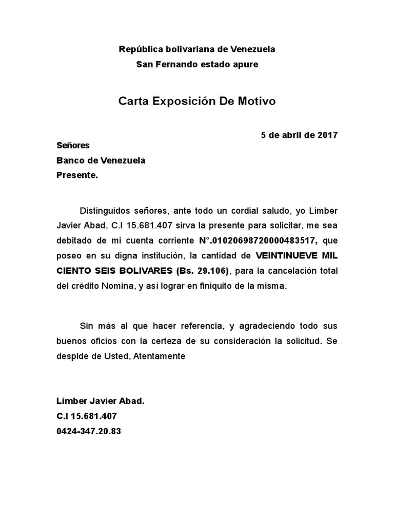 Solicitar Ejemplo De Carta De Exposicion De Motivos – Nuevo Ejemplo