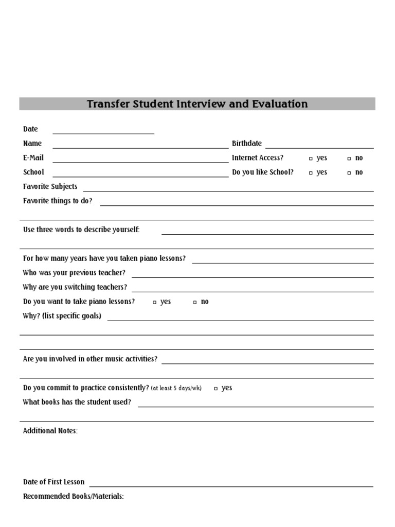 Transfer Student Interview and Evaluation: (At Least 5 Days/wk) | PDF ...