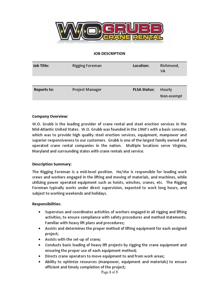 Job Description (Richmond) Rigging Foreman Crane (Machine) Americans With Disabilities Act