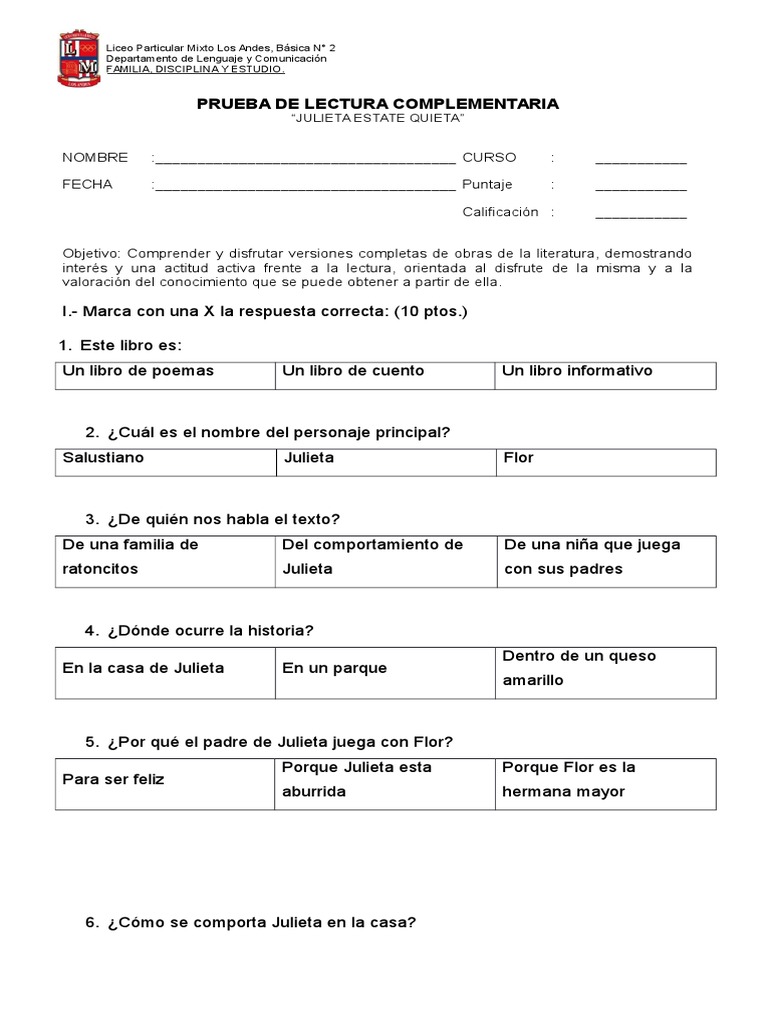 Prueba Julieta Estate Quieta 2° BÁSICO PDF