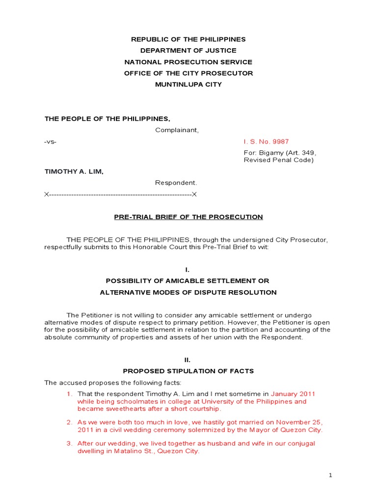 Bigamy Case Pre-Trial Brief | PDF | Marriage | Prosecutor