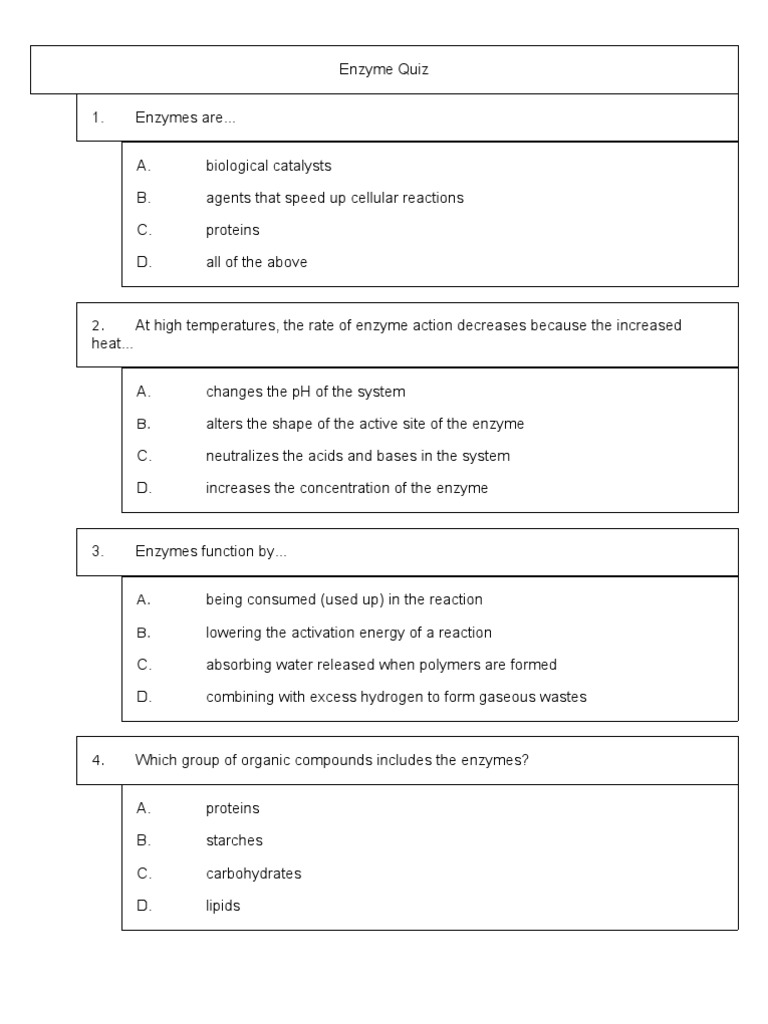 Enzyme Quiz Enzyme Catalysis