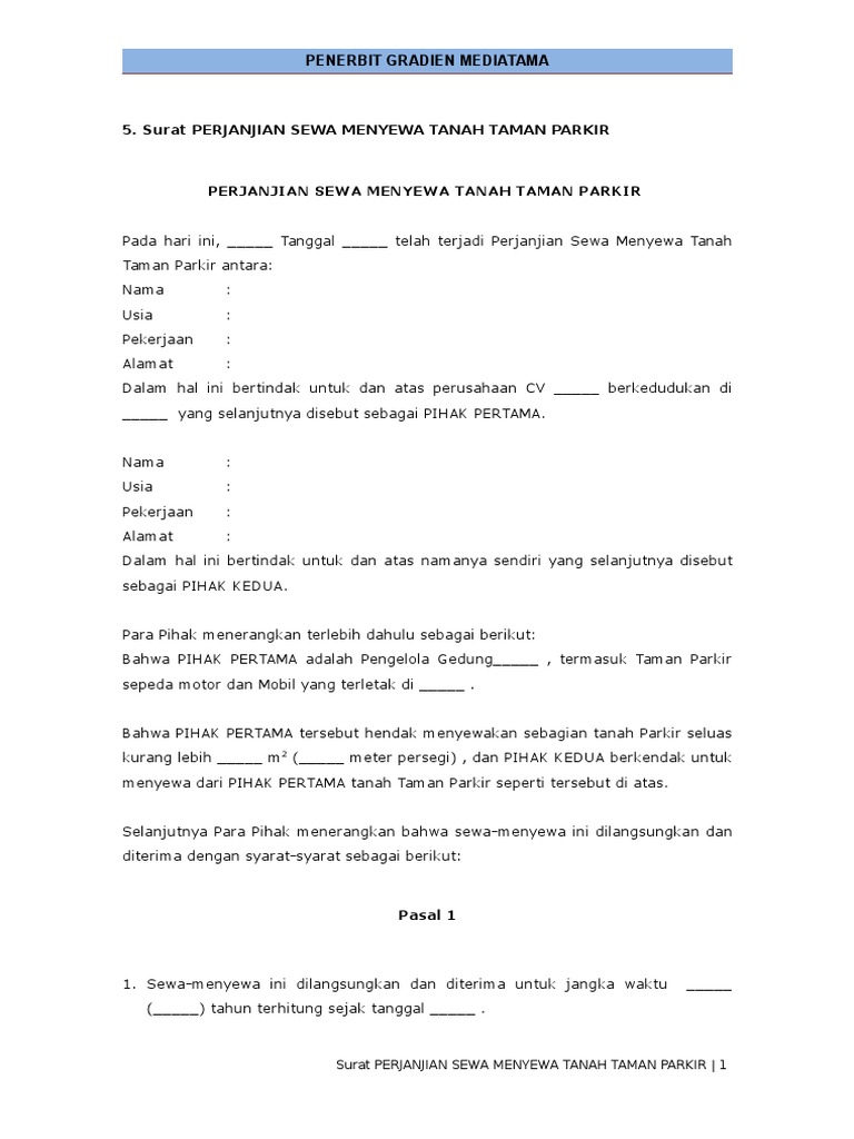 Surat Perjanjian Sewa Menyewa Tanah Taman Parkir
