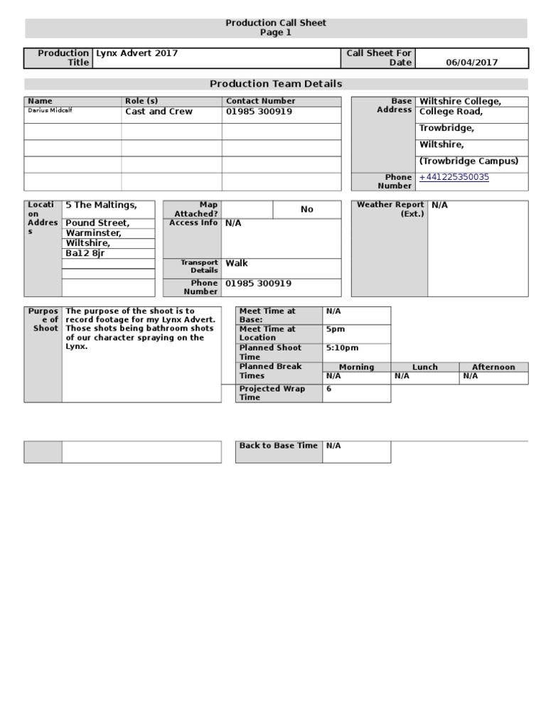 Lynx Advert 2017 Call Sheet | PDF