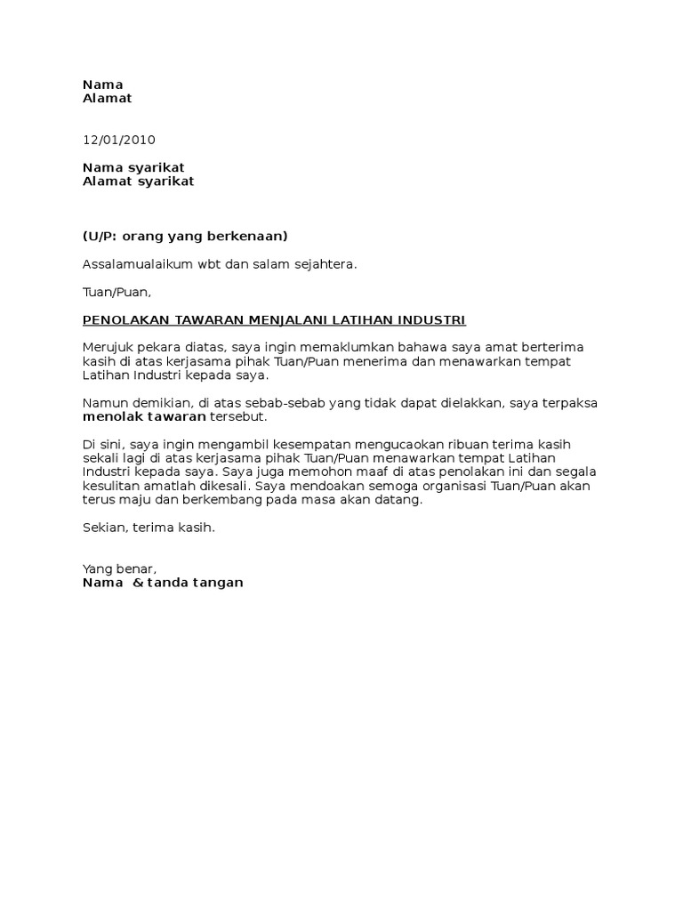 Surat Penolakan Latihan Industri