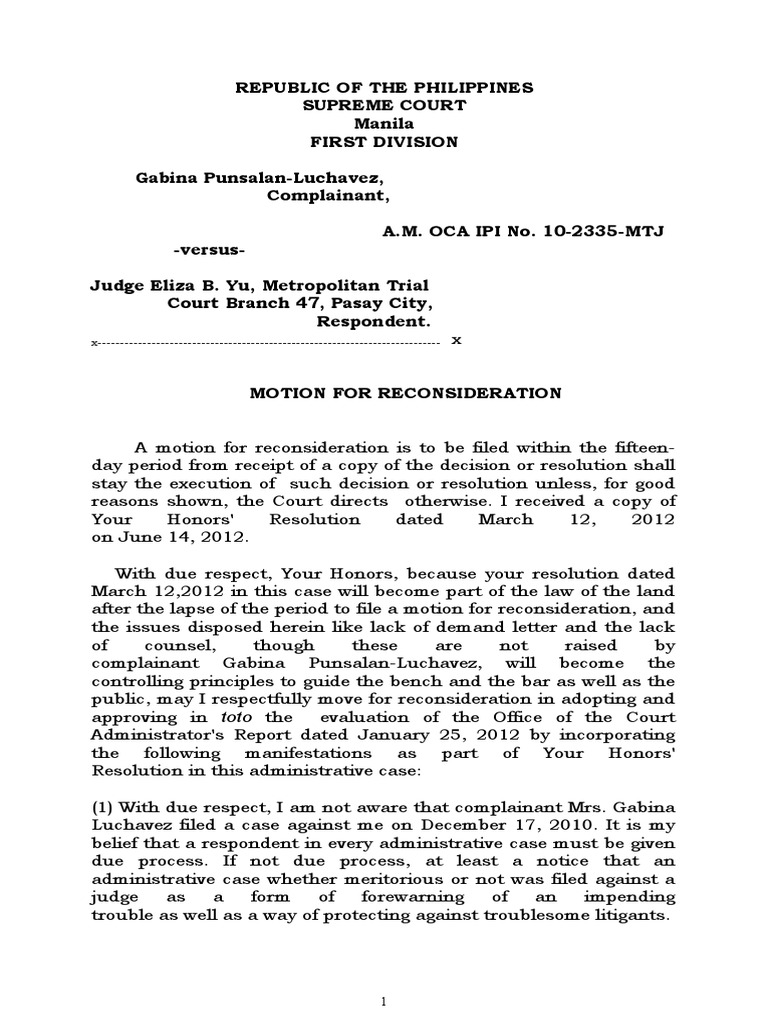 Motion For Reconsideration of A Winning Judge in A Dismissed