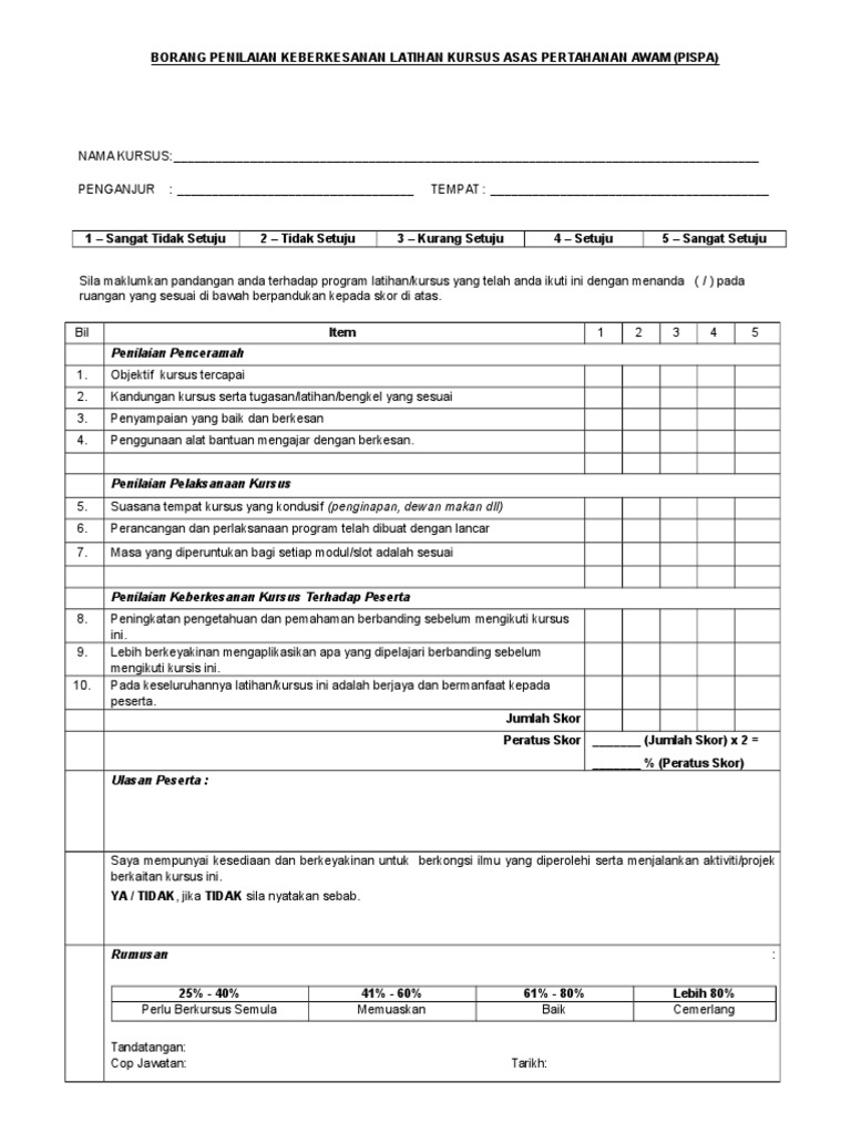 Borang Penilaian Keberkesanan Latihan Pdf