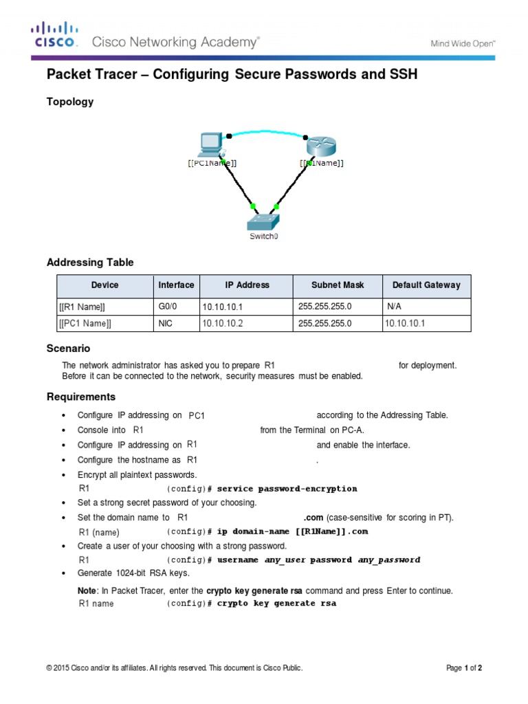 Packet Tracer 4.4.8 Configure Secure Passwords And Ssh