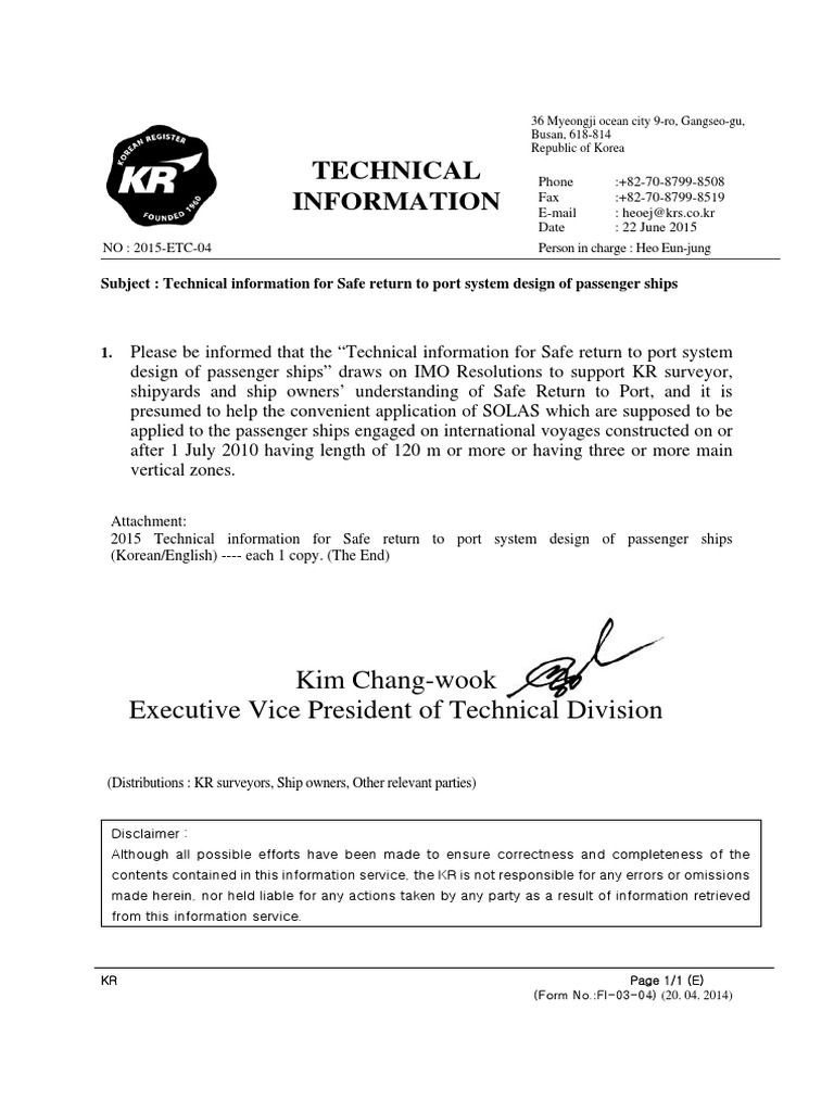 KR Technical Information For Safe Return To Port System Design of