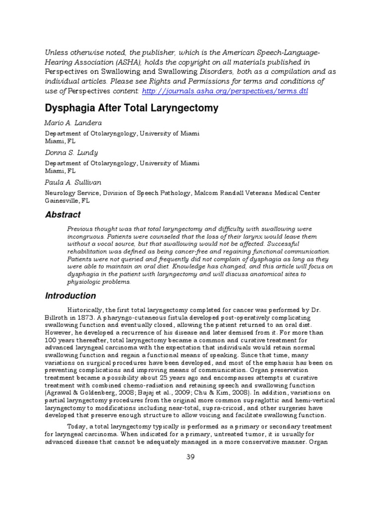 Dysphagia After Total Laryngectomy | PDF | Esophagus | Human Anatomy
