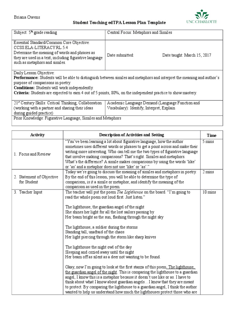 figurative language lesson plan Metaphor Lesson Plan