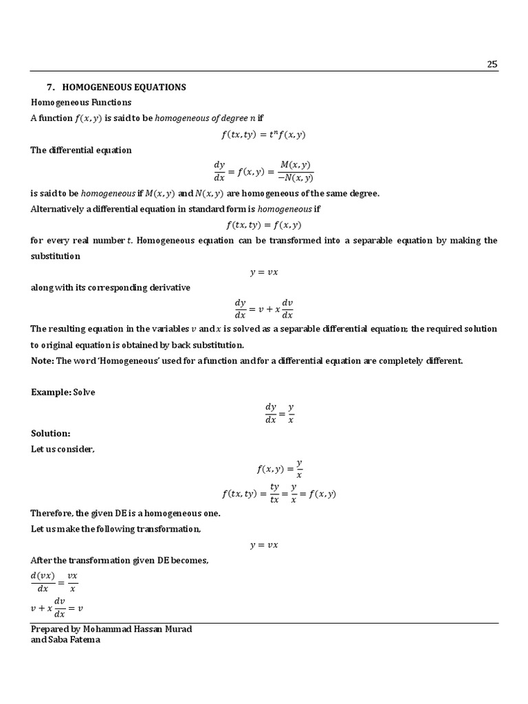 Homogeneous Differential Equation PDF Equations Sine