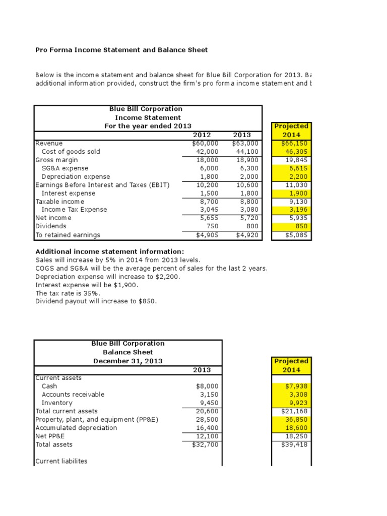 2014 Pro Forma Financial Statements | PDF | Balance Sheet | Expense