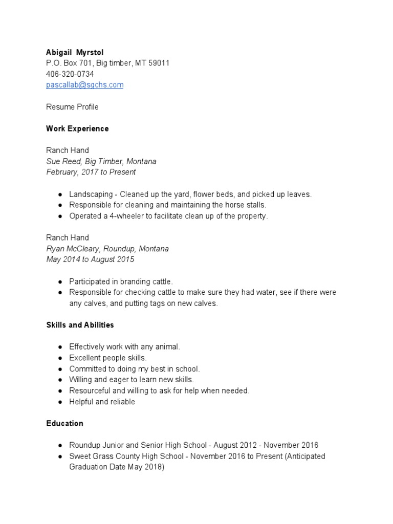 Ranch Hand Resume of Abigail Myrstol | PDF | Career & Growth