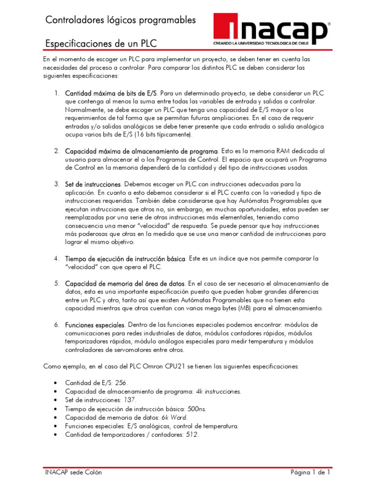 Especificaciones de Un PLC | PDF | Controlador lógico programable ...