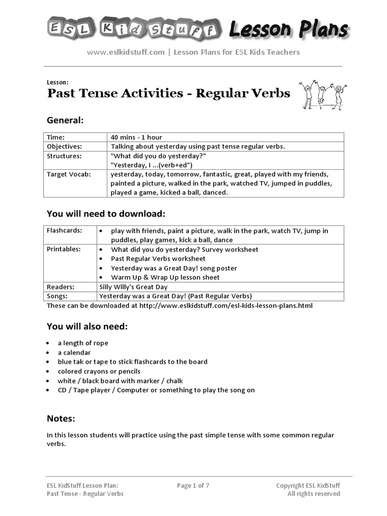 Past Tense Regular Verbs Lesson Plan Pdf Lesson Plan English As A Second Or Foreign Language