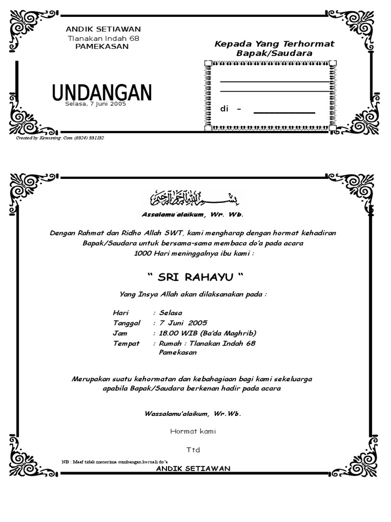 Contoh Undangan Tahlilan 1000 Hari Meninggalnya