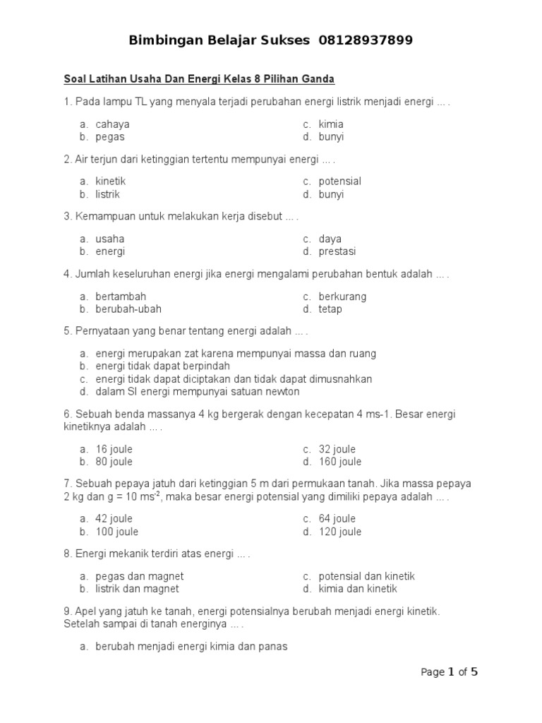 Soal Latihan Usaha Dan Energi Kelas 8 Pilihan Ganda