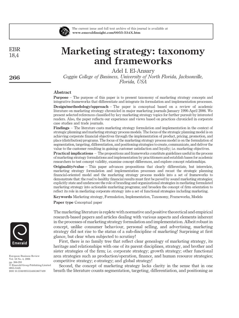 Marketing Strategy Taxonomy And Frameworks Pdf Strategic