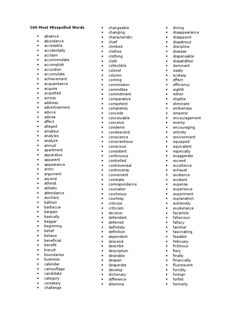 500 Most Misspelled Words | PDF | Science | Philosophical Science